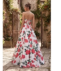 Terani Couture Floral Satin Print Sweetheart Neck A Line Gown