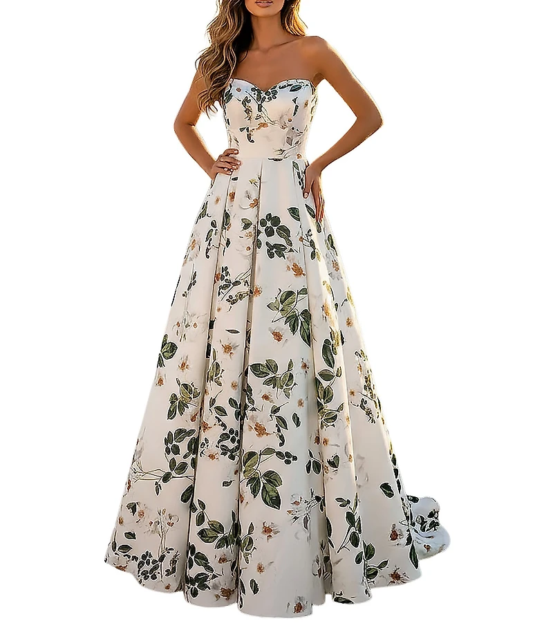 Terani Couture Floral Satin Print Sweetheart Neck A Line Gown