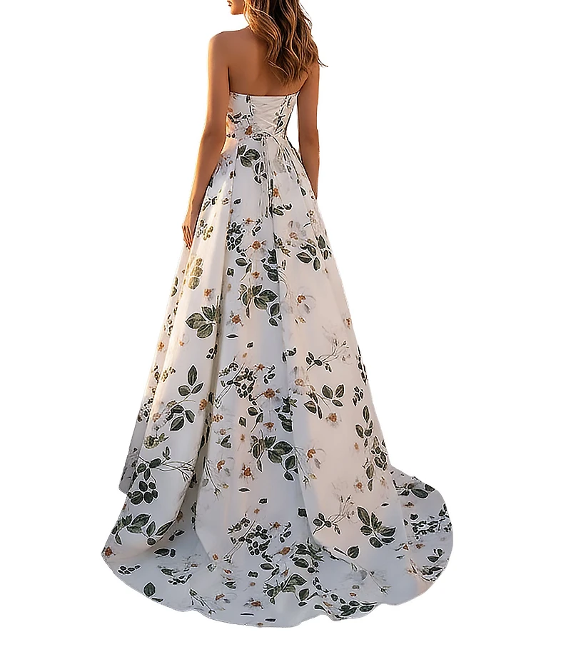 Terani Couture Floral Satin Print Sweetheart Neck A Line Gown