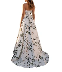 Terani Couture Floral Satin Print Sweetheart Neck A Line Gown