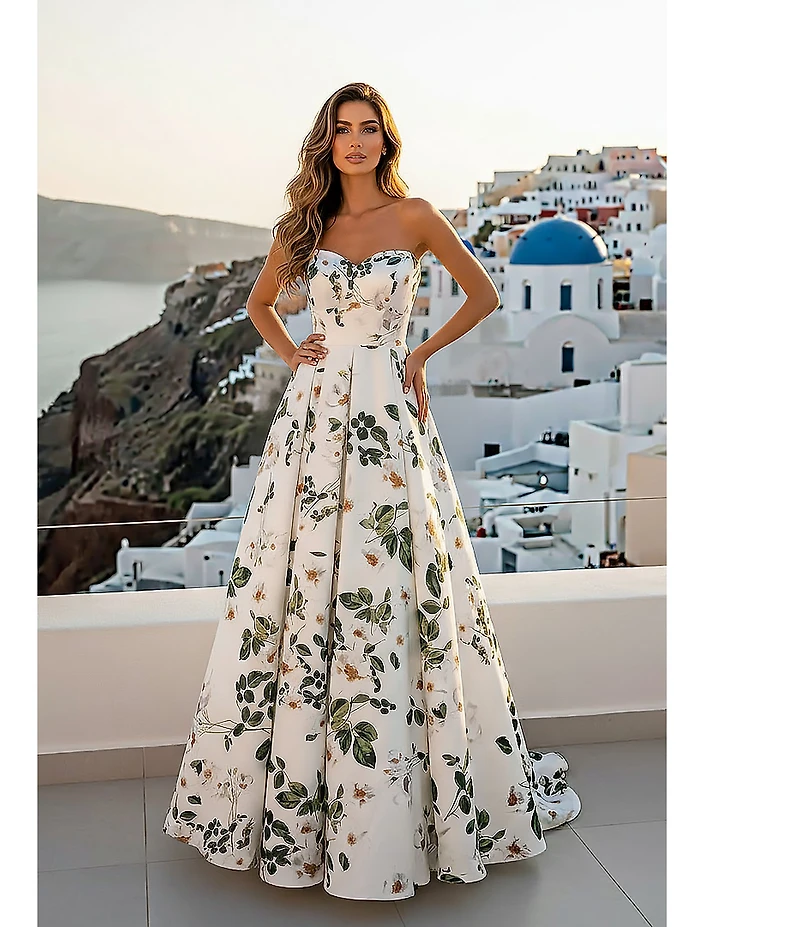 Terani Couture Floral Satin Print Sweetheart Neck A Line Gown