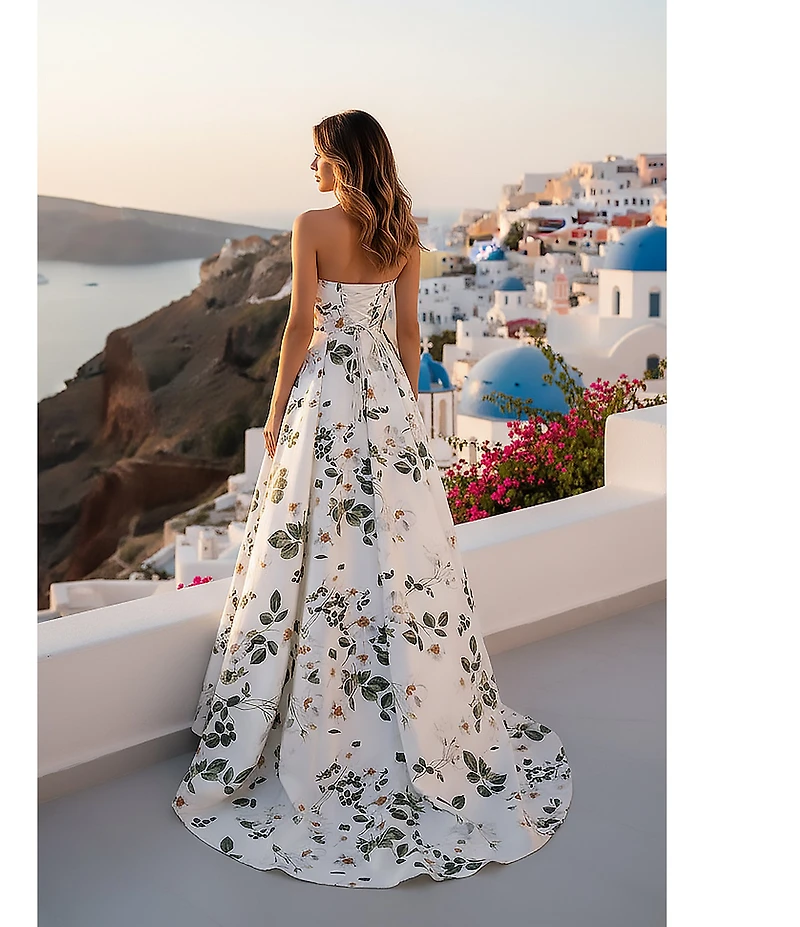 Terani Couture Floral Satin Print Sweetheart Neck A Line Gown