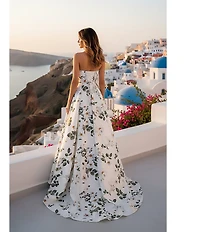 Terani Couture Floral Satin Print Sweetheart Neck A Line Gown