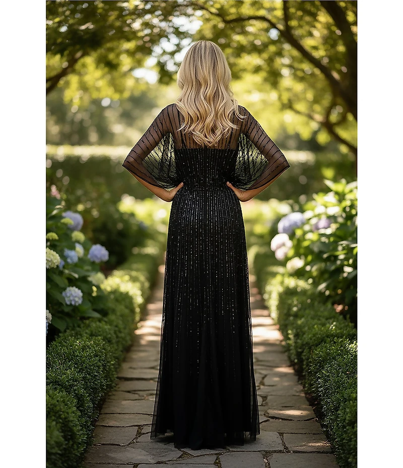 Terani Couture Flutter Sleeve Sequin Mesh Blouson Gown