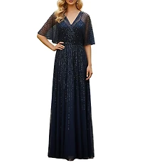 Terani Couture Flutter Sleeve Sequin Mesh Blouson Gown