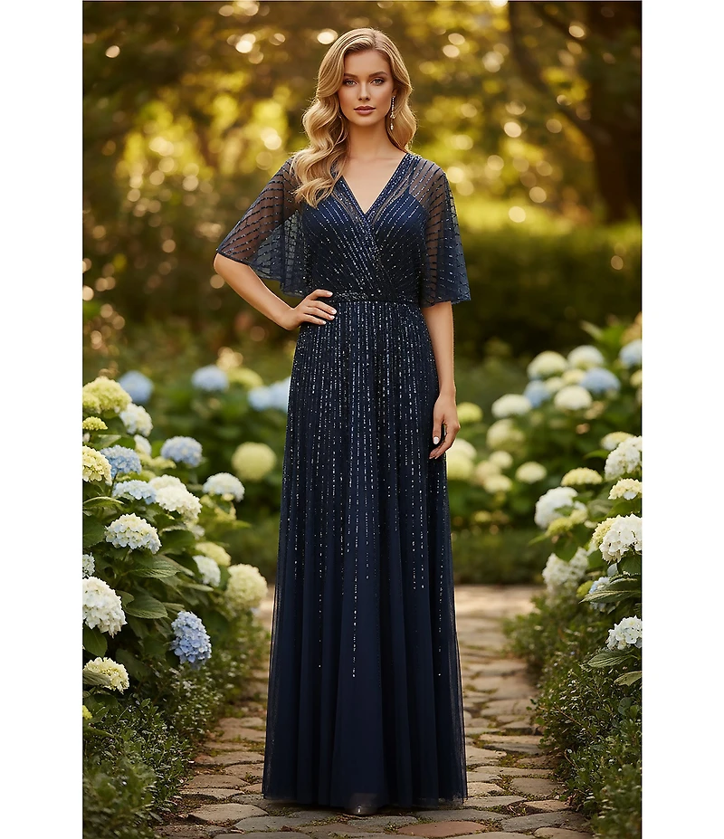 Terani Couture Flutter Sleeve Sequin Mesh Blouson Gown