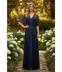 Terani Couture Flutter Sleeve Sequin Mesh Blouson Gown