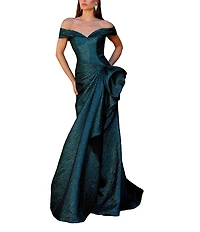 Terani Couture Foil Jacquard Off The Shoulder Ruffled Mermaid Dress