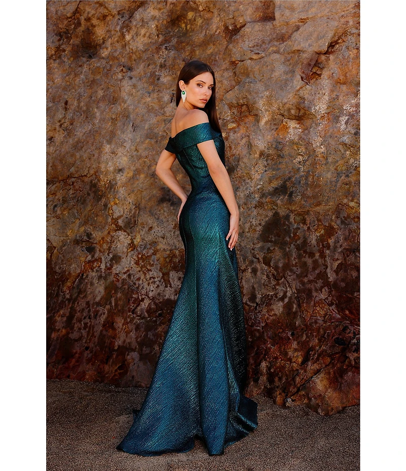 Terani Couture Foil Jacquard Off The Shoulder Ruffled Mermaid Dress