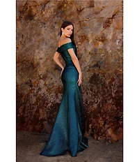 Terani Couture Foil Jacquard Off The Shoulder Ruffled Mermaid Dress