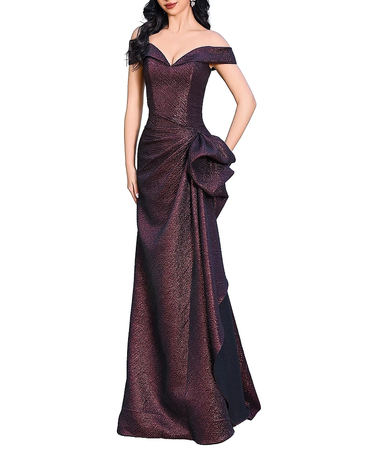 Terani Couture Foil Jacquard Off The Shoulder Ruffled Mermaid Dress