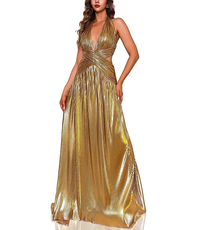 Terani Couture Halter Deep V-Neck Side Cut Out Foiled Chiffon A-Line Gown