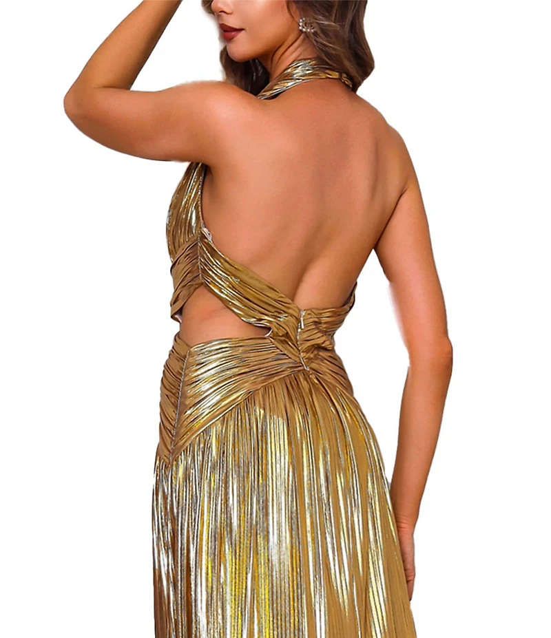 Terani Couture Halter Deep V-Neck Side Cut Out Foiled Chiffon A-Line Gown