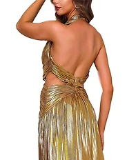 Terani Couture Halter Deep V-Neck Side Cut Out Foiled Chiffon A-Line Gown