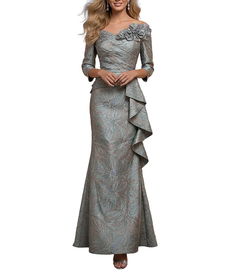 Terani Couture Jacquard Asymmetrical Neckline Long Sleeve Large Side Ruffle Sheath Gown