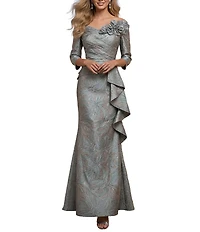 Terani Couture Jacquard Asymmetrical Neckline Long Sleeve Large Side Ruffle Sheath Gown