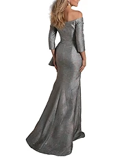 Terani Couture Jacquard Asymmetrical Neckline Long Sleeve Large Side Ruffle Sheath Gown