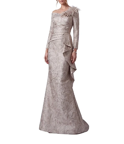 Terani Couture Jacquard Asymmetrical Neckline Long Sleeve Large Side Ruffle Sheath Gown