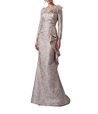 Terani Couture Jacquard Asymmetrical Neckline Long Sleeve Large Side Ruffle Sheath Gown