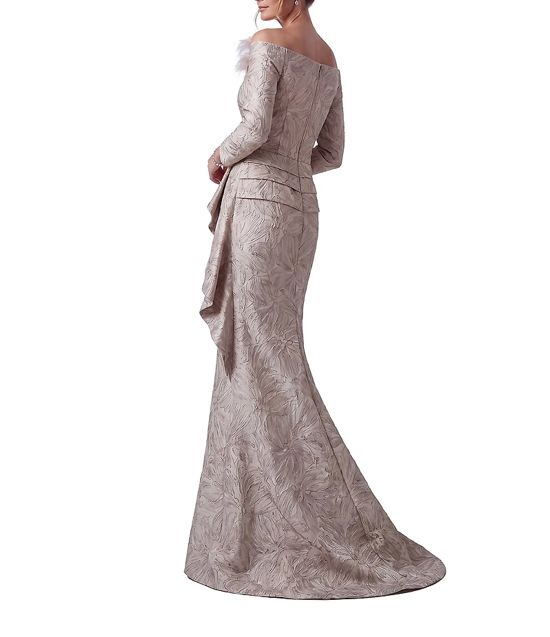 Terani Couture Jacquard Asymmetrical Neckline Long Sleeve Large Side Ruffle Sheath Gown