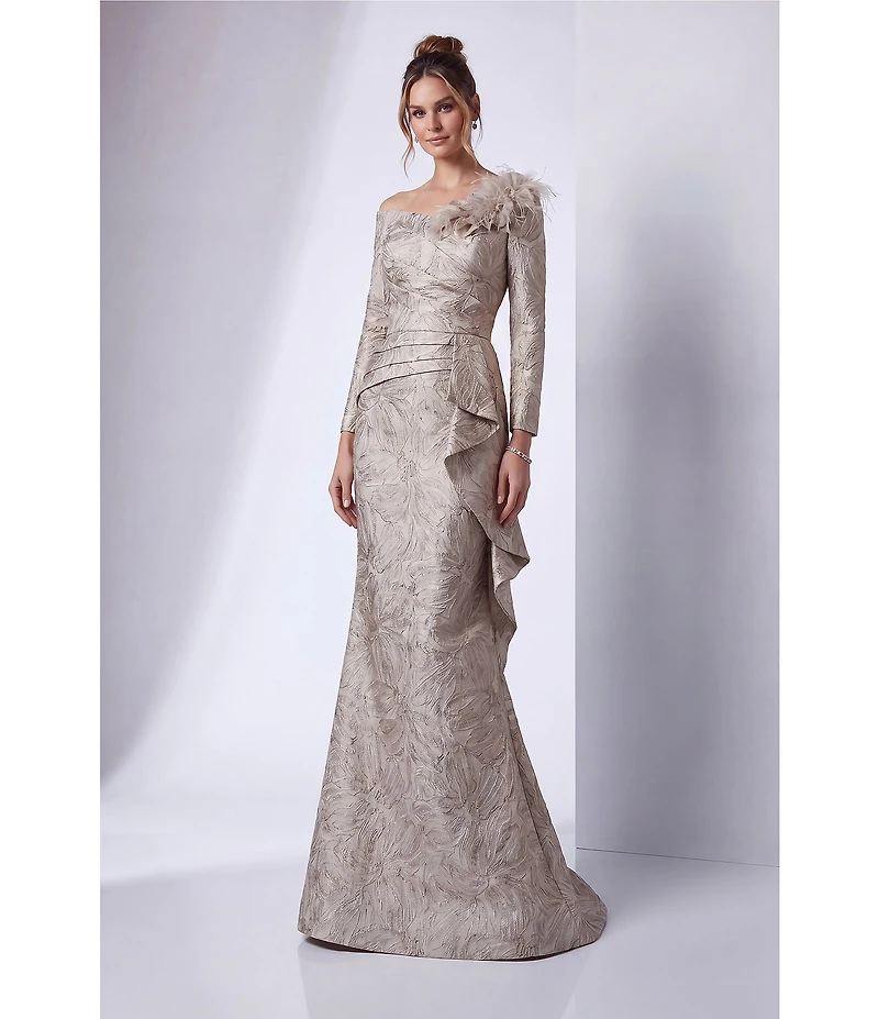 Terani Couture Jacquard Asymmetrical Neckline Long Sleeve Large Side Ruffle Sheath Gown