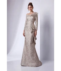 Terani Couture Jacquard Asymmetrical Neckline Long Sleeve Large Side Ruffle Sheath Gown