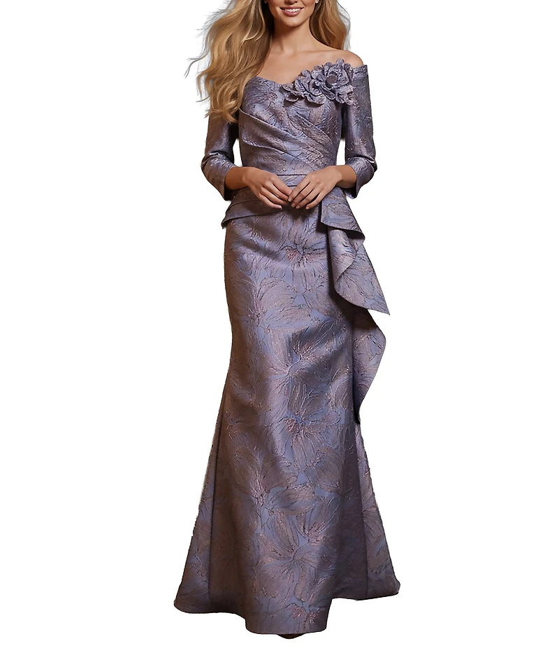 Terani Couture Jacquard Asymmetrical Neckline Long Sleeve Large Side Ruffle Sheath Gown