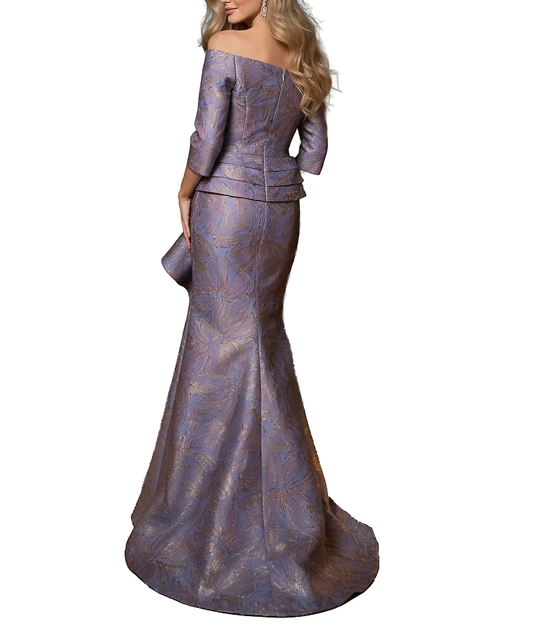 Terani Couture Jacquard Asymmetrical Neckline Long Sleeve Large Side Ruffle Sheath Gown