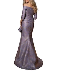 Terani Couture Jacquard Asymmetrical Neckline Long Sleeve Large Side Ruffle Sheath Gown
