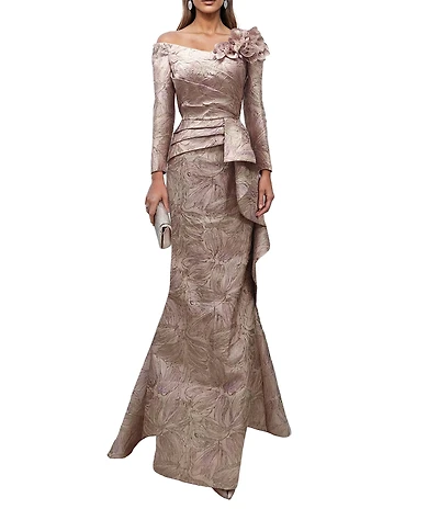 Terani Couture Jacquard Asymmetrical Neckline Long Sleeve Large Side Ruffle Sheath Gown