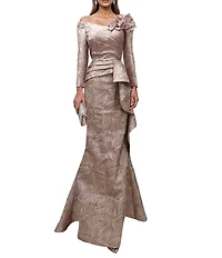 Terani Couture Jacquard Asymmetrical Neckline Long Sleeve Large Side Ruffle Sheath Gown