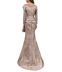 Terani Couture Jacquard Asymmetrical Neckline Long Sleeve Large Side Ruffle Sheath Gown