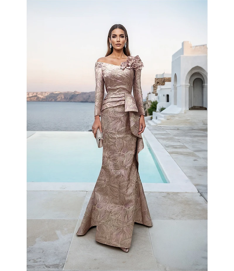 Terani Couture Jacquard Asymmetrical Neckline Long Sleeve Large Side Ruffle Sheath Gown