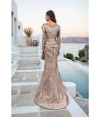 Terani Couture Jacquard Asymmetrical Neckline Long Sleeve Large Side Ruffle Sheath Gown