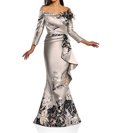 Terani Couture Jacquard Floral Off-The-Shoulder 3/4 Sleeve Side Ruffle Feather Gown