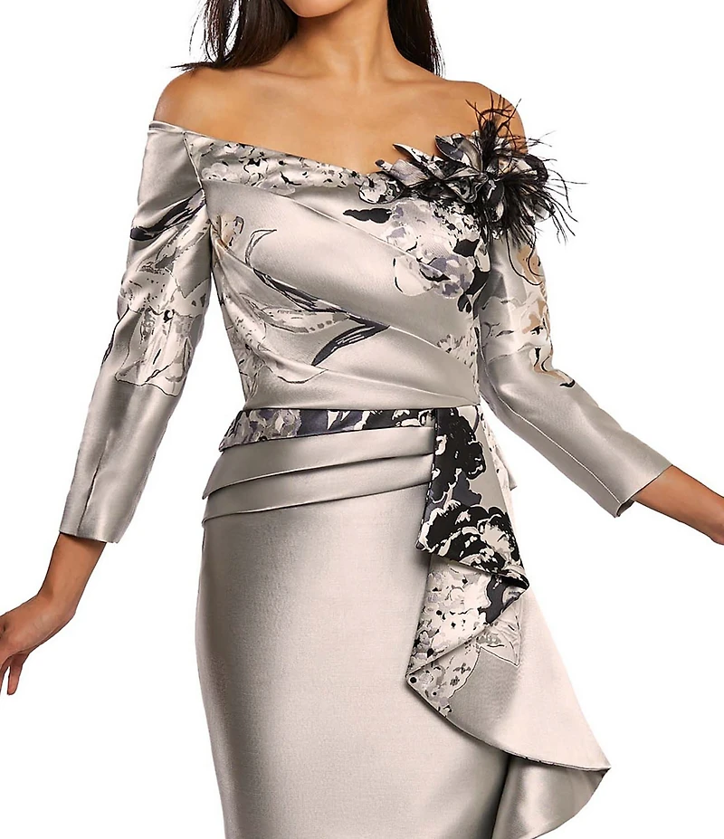 Terani Couture Jacquard Floral Off-the-Shoulder Long Sleeve Side Ruffle Feather Gown