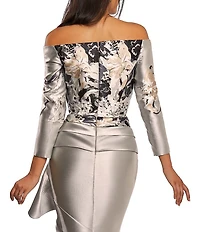 Terani Couture Jacquard Floral Off-the-Shoulder Long Sleeve Side Ruffle Feather Gown