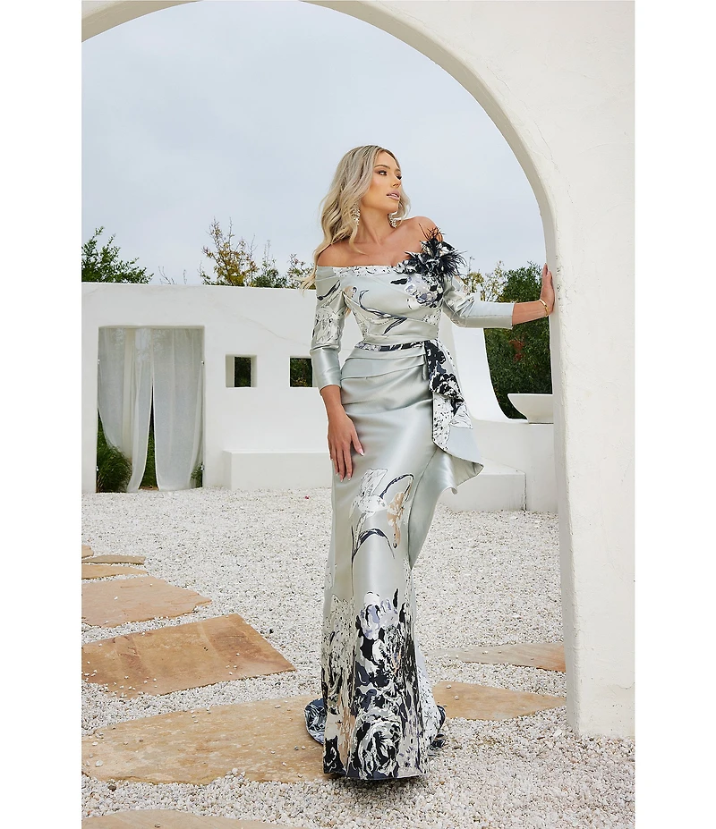 Terani Couture Jacquard Floral Off-the-Shoulder Long Sleeve Side Ruffle Feather Gown