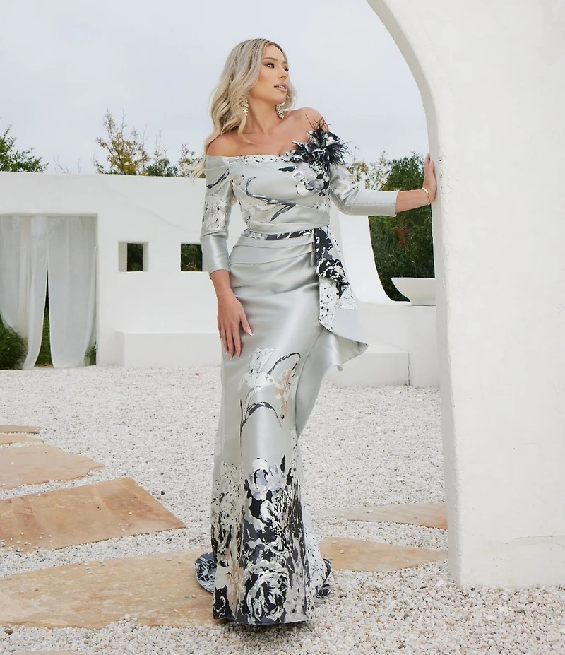Terani Couture Jacquard Floral Off-the-Shoulder Long Sleeve Side Ruffle Feather Gown