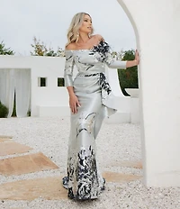 Terani Couture Jacquard Floral Off-the-Shoulder Long Sleeve Side Ruffle Feather Gown