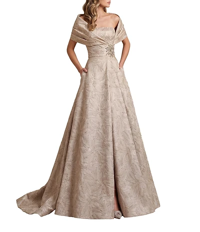 Terani Couture Jacquard Off-The-Shoulder A-Line Gown