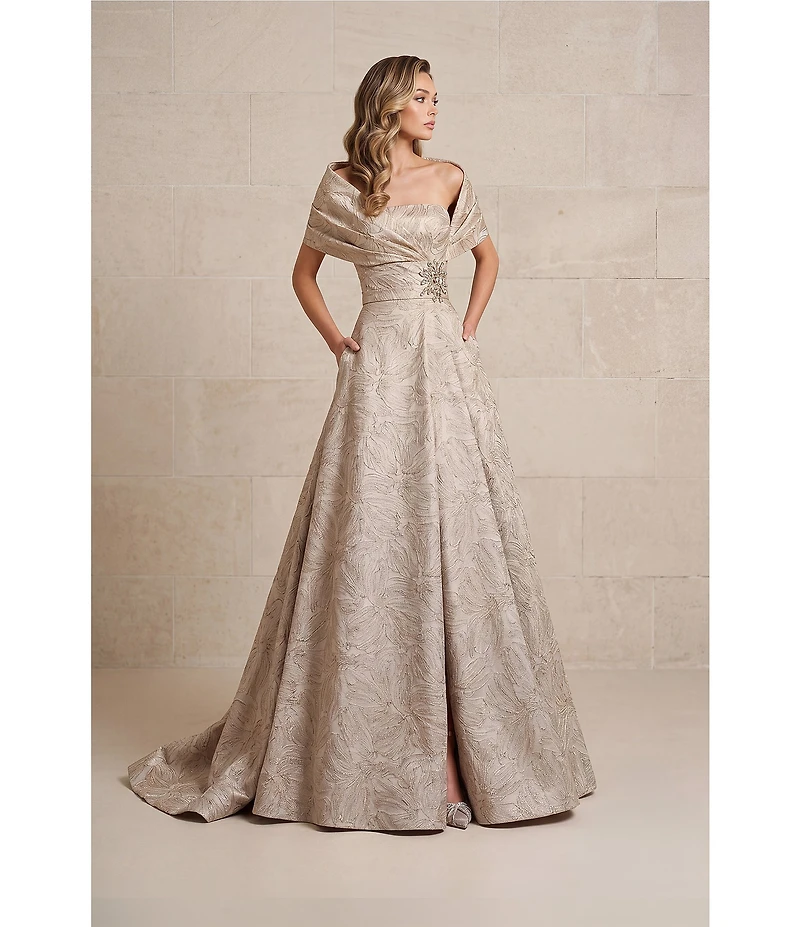 Terani Couture Jacquard Off-The-Shoulder A-Line Gown