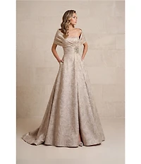 Terani Couture Jacquard Off-The-Shoulder A-Line Gown