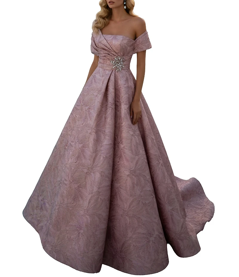 Terani Couture Jacquard Off-The-Shoulder A-Line Gown