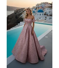 Terani Couture Jacquard Off-The-Shoulder A-Line Gown