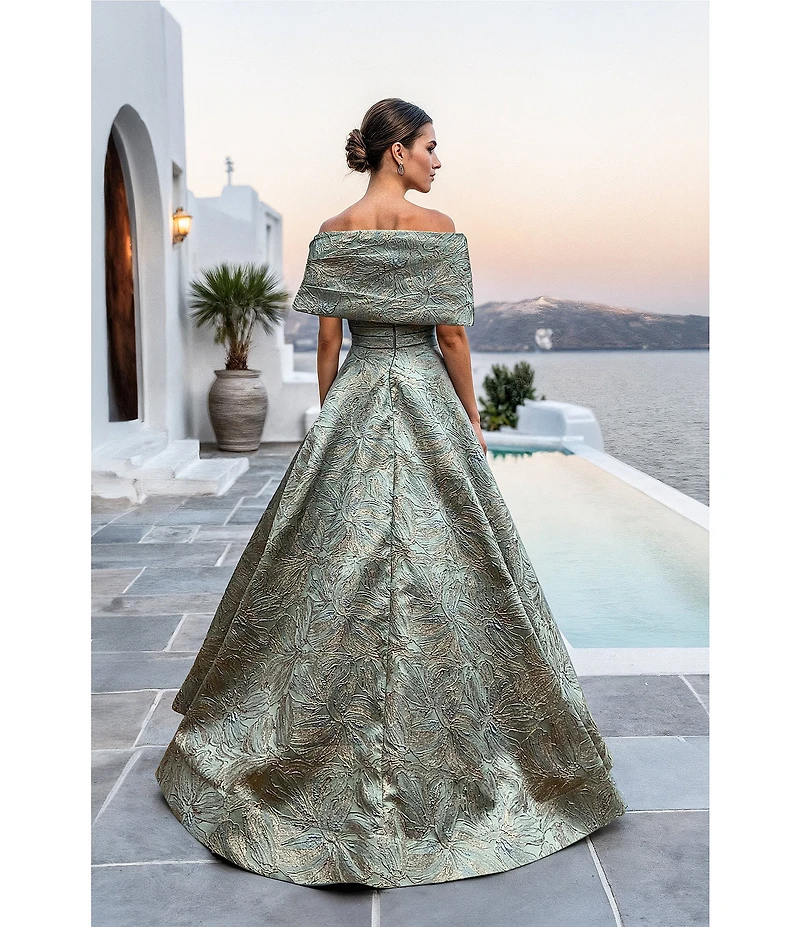 Terani Couture Jacquard Off-The-Shoulder A-Line Gown