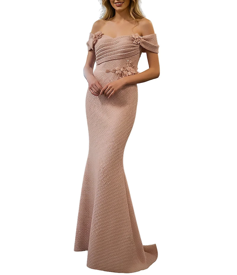 Terani Couture Jacquard Off-The-Shoulder Flower Applique Gown