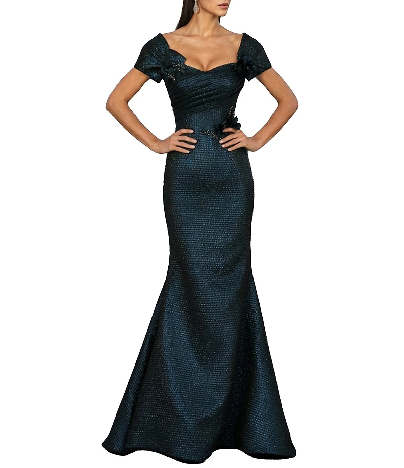 Terani Couture Jacquard Off-The-Shoulder Flower Applique Gown