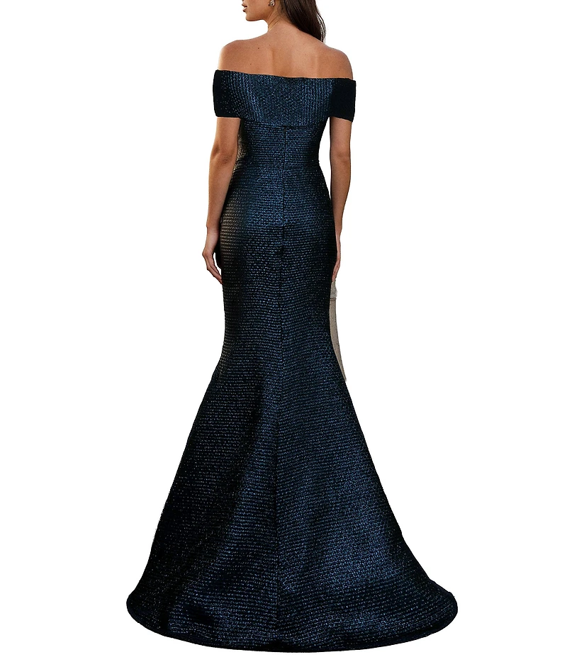 Terani Couture Jacquard Off-The-Shoulder Flower Applique Gown