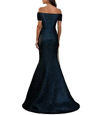 Terani Couture Jacquard Off-The-Shoulder Flower Applique Gown